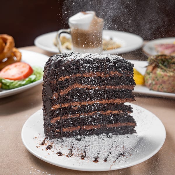 A slice of Austin's Ale House chocolate cake with powdered sugar falling onto it.