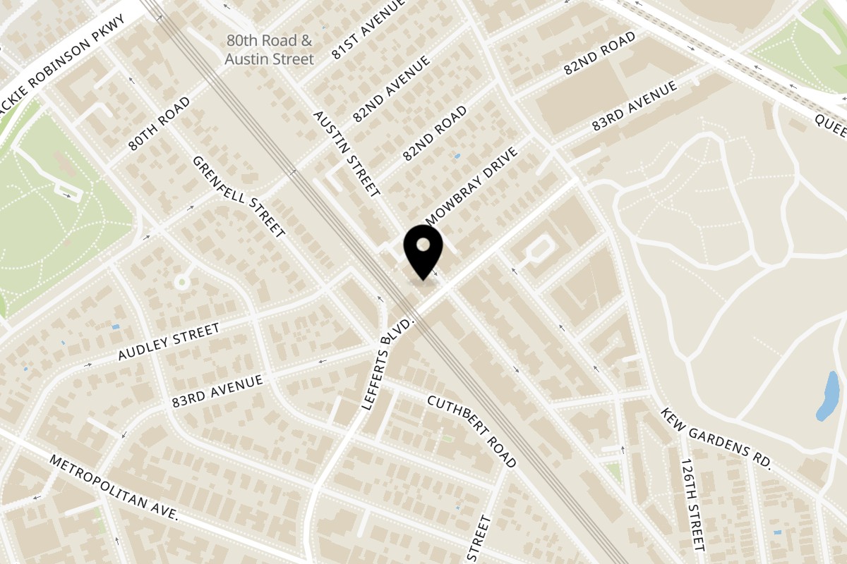 Map showing the location of Austin's Ale House on 82-70 Austin St in Kew Gardens
